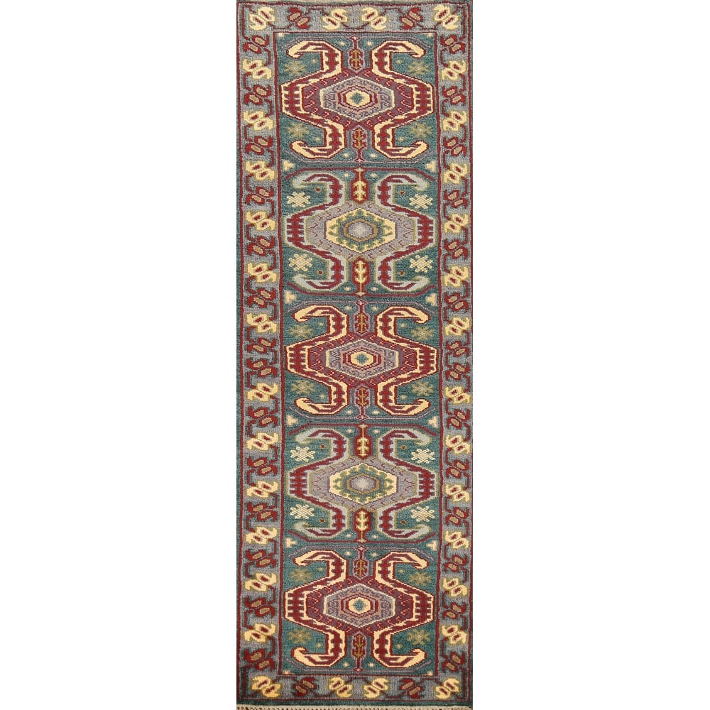 Green Geometric Kazak Runner Rug Hand-Knotted Wool Carpet - 2'5"x 9'8"