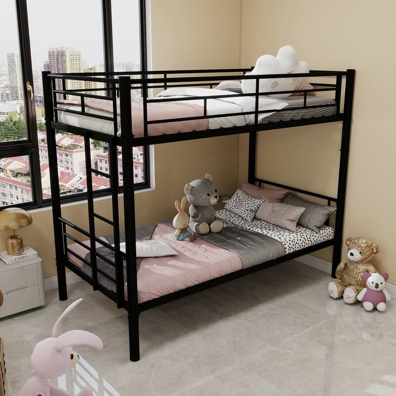 Convertible Twin Over Twin Metal Bunk Bed with Ladders & Guardrail for Kids, No Spring Box Required