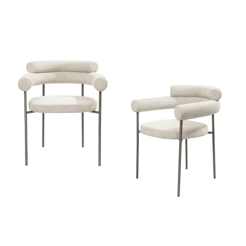 HomeRoots Set of Two Light Gray and Gunmetal Boucle and Stainless Steel Open Back Dining Arm Chairs