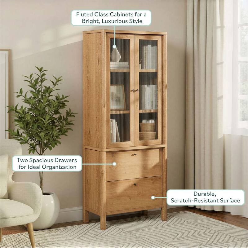 Walker Edison Modern Fluted Glass Bookshelf Cabinet with Drawers