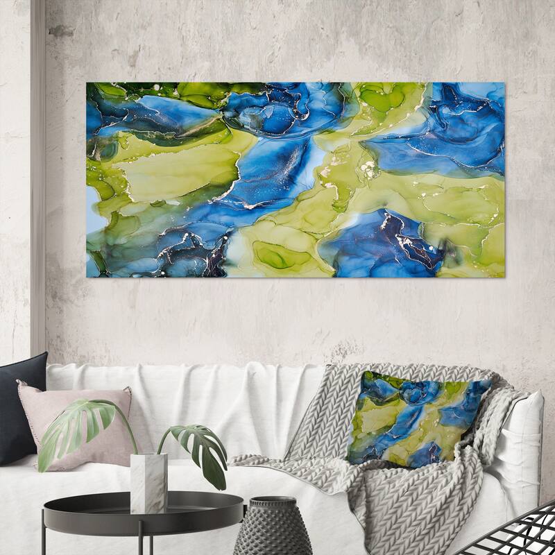 Designart "Blue And Green Luxury Abstract Fluid Art" Modern Canvas Wall