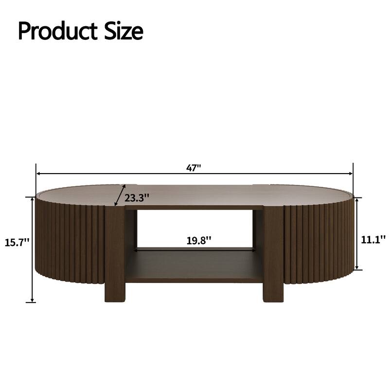 47" Coffee Table for Living Room, Wood Center Table, Tea Table, Storage Table with Sliding Doors, Modern Oval End Table