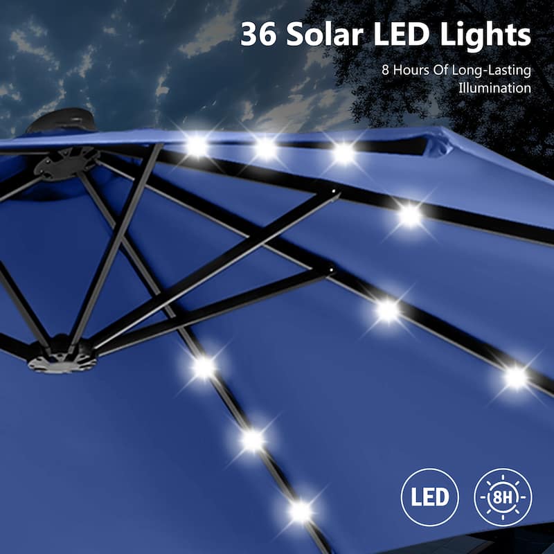 15ft Patio Umbrella Double-Sided Outdoor Extra Large Crank Lift Umbrella with Solar Led Lights and Base Included