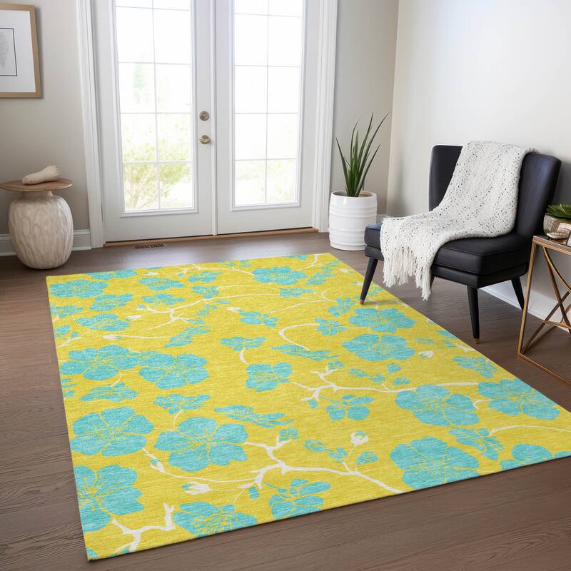 Machine Washable Indoor/ Outdoor Floral Zen Chantille Rug - Yellow - 2'6" x 3'10"