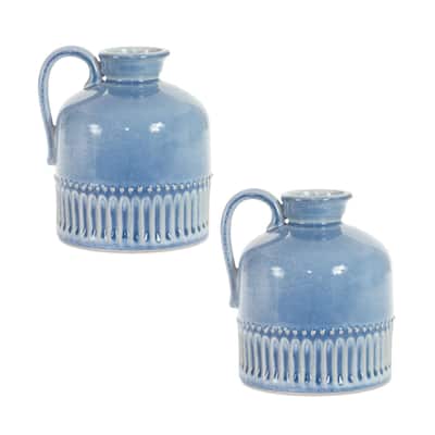 Mini Ceramic Jug Vases with Handle - 6.25" - Blue and White - Set of 2