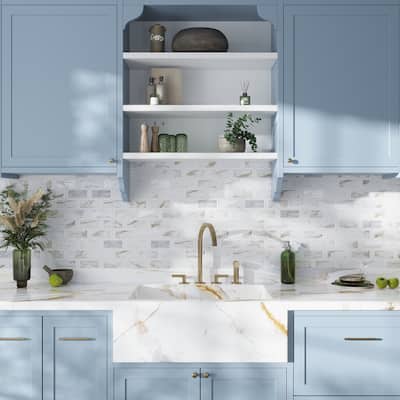 Serena 10x12 White Gray Calacatta Gold, Thassos Mosaic Framed Brick Wall and Floor Tile (4 sq ft/case) - 5 Pack