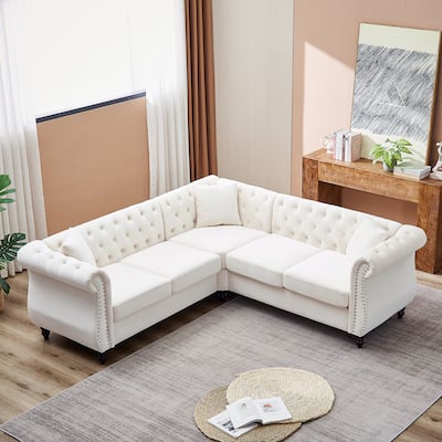 L-shape Corner Sectional Sofa with Button Tufted Back and 3 Pillows