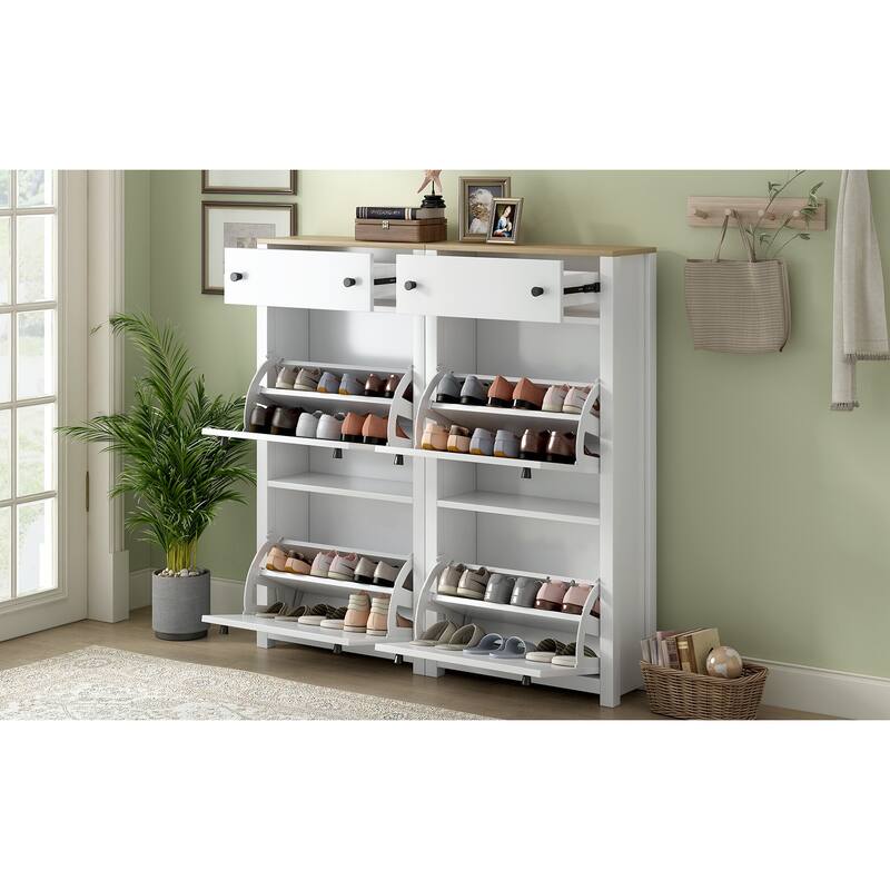 Slim Tipping Shoe Cabinet Set with 4 Drawers, Wood Top Shoe Storage Organizer w/ Adjustable Panel, Shoe Rack for Hallway