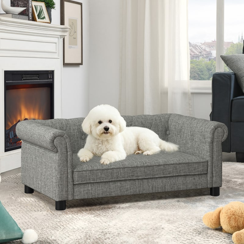 Roomfitters Upholstered Pet Sofa Chesterfield Style Elevated Dog Bed Couch with Rolled Arms and Button Tufted Back