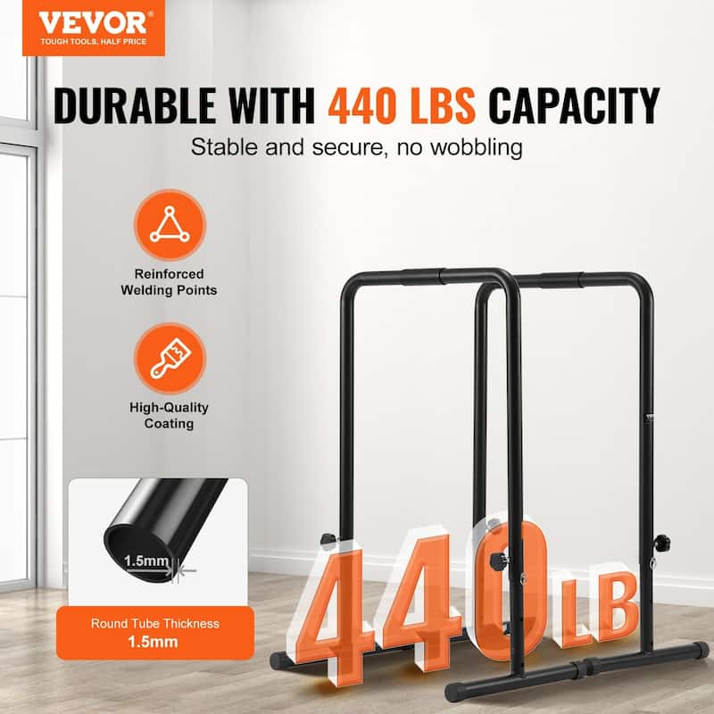 Adjustable Steel Dip Bar 440 lbs. Capacity, 3 Levels, Portable Gym - 25.8" x 18.85" x 40.23"