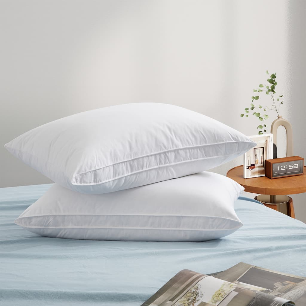 2 Pack Gusseted & Classic Goose Feather Bed Pillows with Soft Cover - White