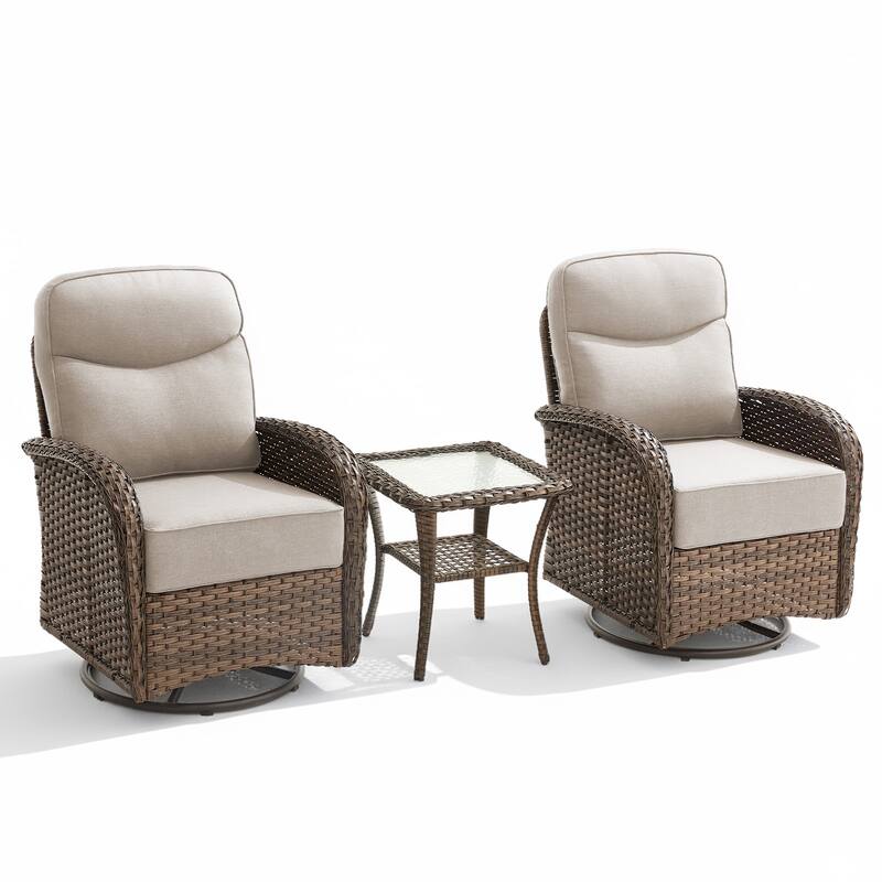 Meyreso 3-Piece Wicker Patio Swivel Glider Chairs with 6-Inch Thick Cushions and Side Table