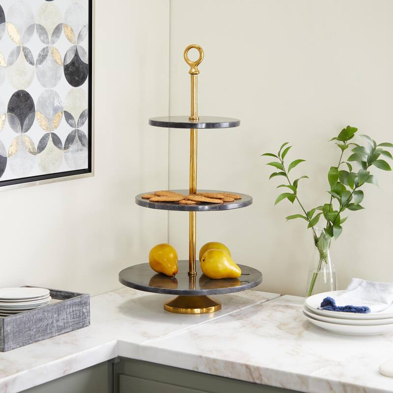 Marble 3 Level Tiered Server with Gold Post - Gray - Roche River Decor - 14"W x 14"L x 27"H