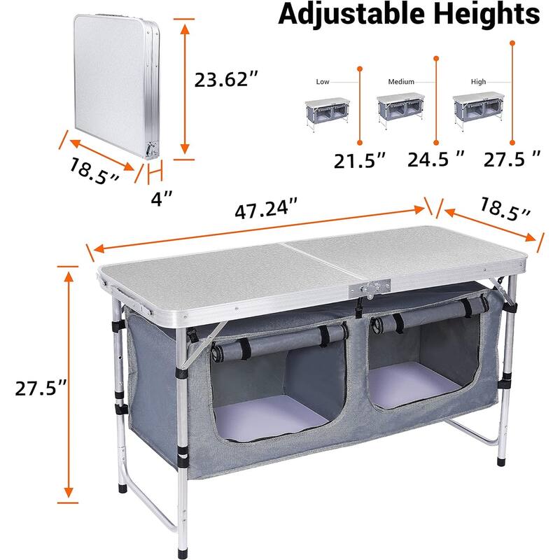 Folding Camping Table with Storage,Portable,Adjustable,Lightweight for Indoor and Outdoor Picnic, Beach, Hiking, Travel