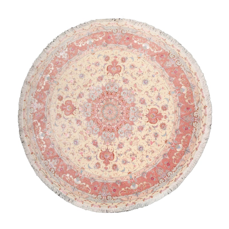 Hand Knotted Ivory Persian Wool & Silk Traditional Oriental Area Rug - 8' 2'' x 8' 2''