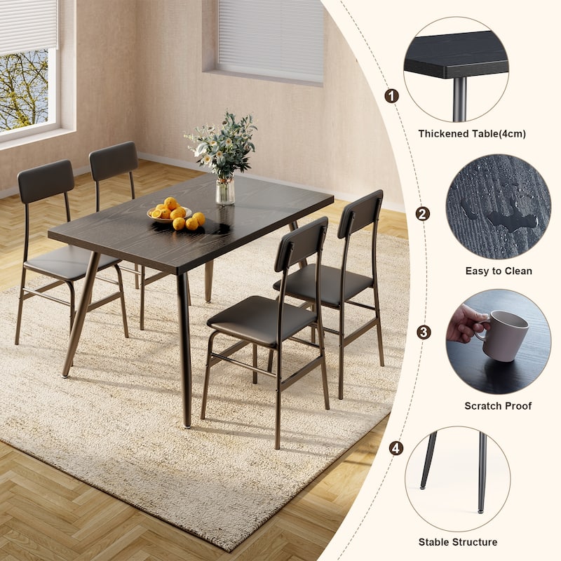 5-Piece Mid-Century Rectangular Dining Table, Industrial Kitchen Table Set with 4 Faux Leather Chairs
