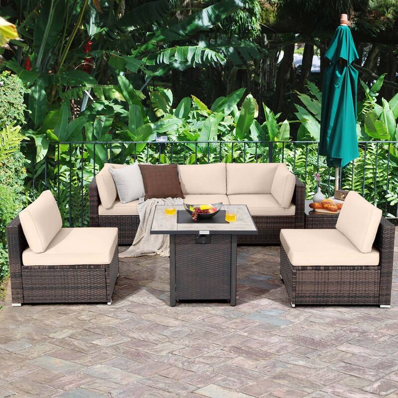 Costway 7PCS Patio Rattan Furniture Set 30'' Fire Pit Table Cover - See Details - Brown