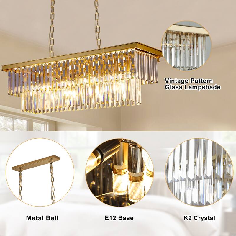 Gold Rectangle Crystal Chandelier, Luxury Pendant Light for Dining Room, Bulbs Included