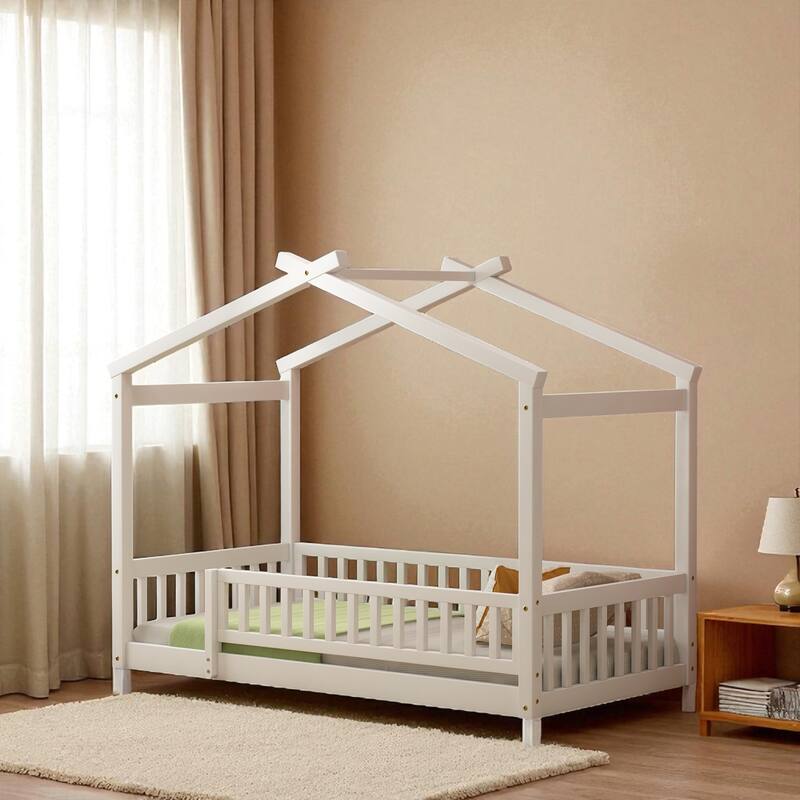 Twin/Full Size Wooden House Bed Frame with Fence and Roof, Playhouse Style for Kids and Teens - White - Twin