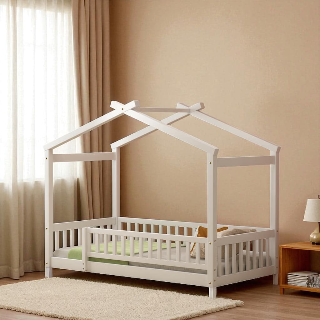Twin/Full Size Wooden House Bed Frame with Fence and Roof, Playhouse Style for Kids and Teens