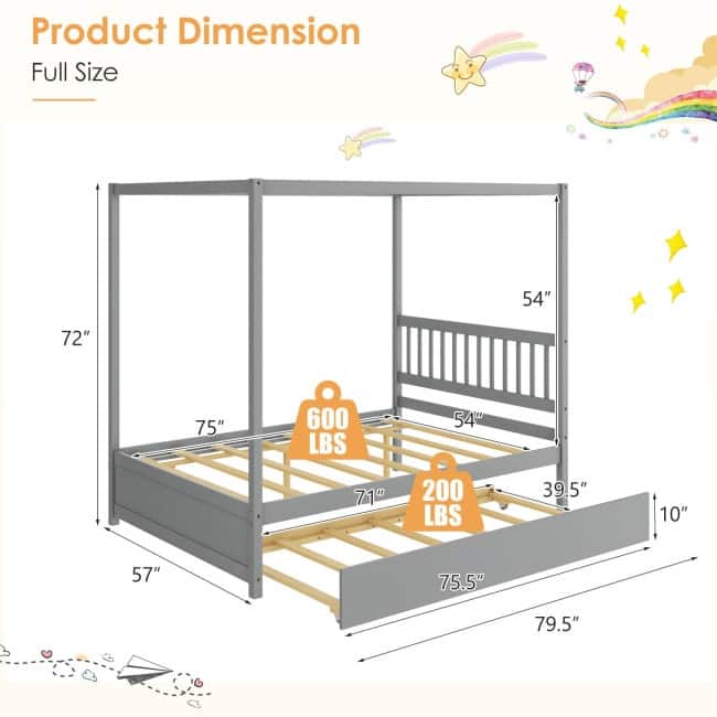 Full Size Canopy Bed with Trundle Wooden Platform Bed Frame Headboard