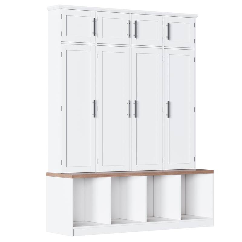 Farmhouse Hall Tree with 4 Hidden Hanging Hooks,Versatile Seating Bench with 8 Doors,Entryway Shoe Cabinet with Open Compartment