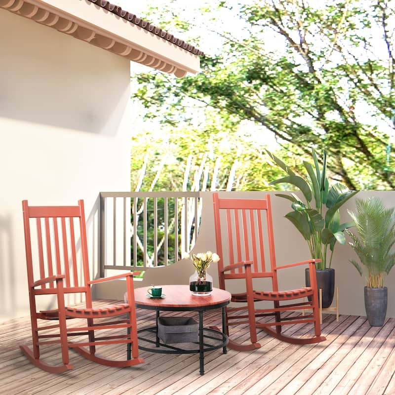 Outsunny Wood Rocking Chair Rocker with Slatted Back, Natural - Wine Red