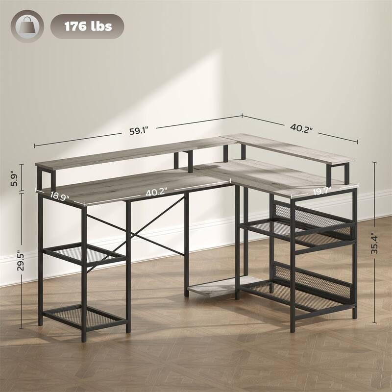 Shaped Desk with RGB LED Light USB Charging Ports Ergonomic Monitor Stands and Storage Shelves Sturdy Corner Office Workstation