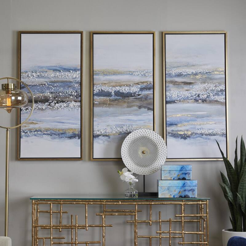 Canvas Landscape Living Room Framed Wall Art with Gold Frame - Set of 3 Blue - Roche River Decor