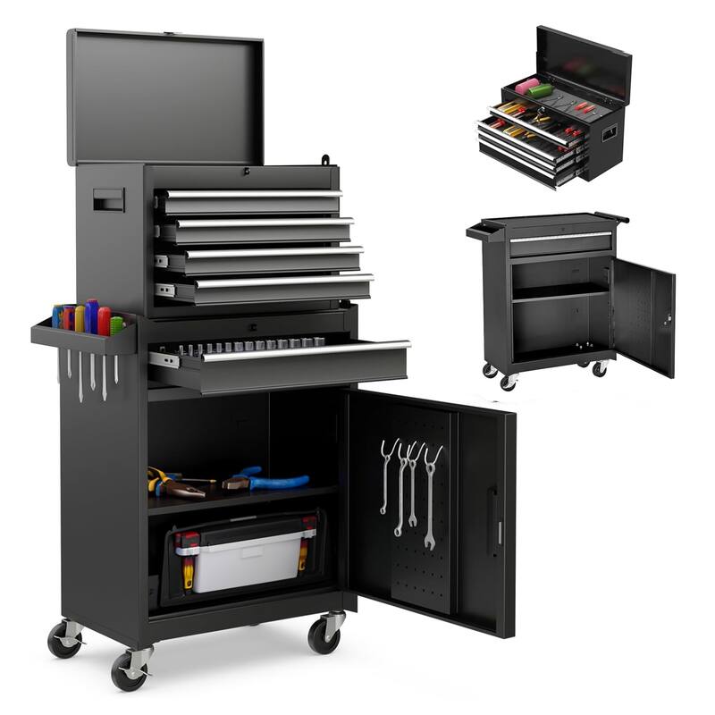 5-Drawer Rolling Tool Chest W/Wheels, Detachable Top Tool Box With Liners And Locking System, Heavy Duty Steel Tool Cart - Black