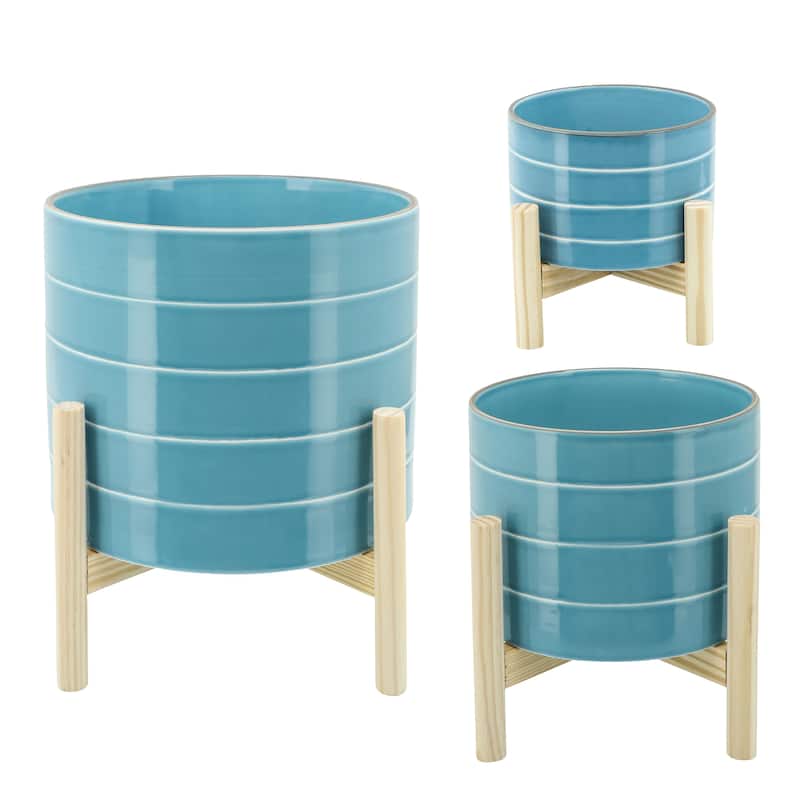 Sagebrook Home Ceramic Planter on Wooden Base Contemporary Coastal Sky Blue and White Striped Design Indoor or Outdoor - 10" x 10" x 11"