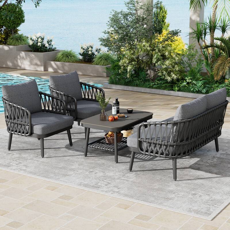 4-Piece Outdoor Patio Furniture Set w/ Coffee Table Outdoor Conversation Set for Garden, Poolside, Balcony