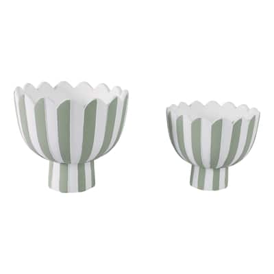 Pottery Planter Scalloped Rim Striped Design (Set of 2) - 8", 6" White - 8.75" x 8.75" x 8"