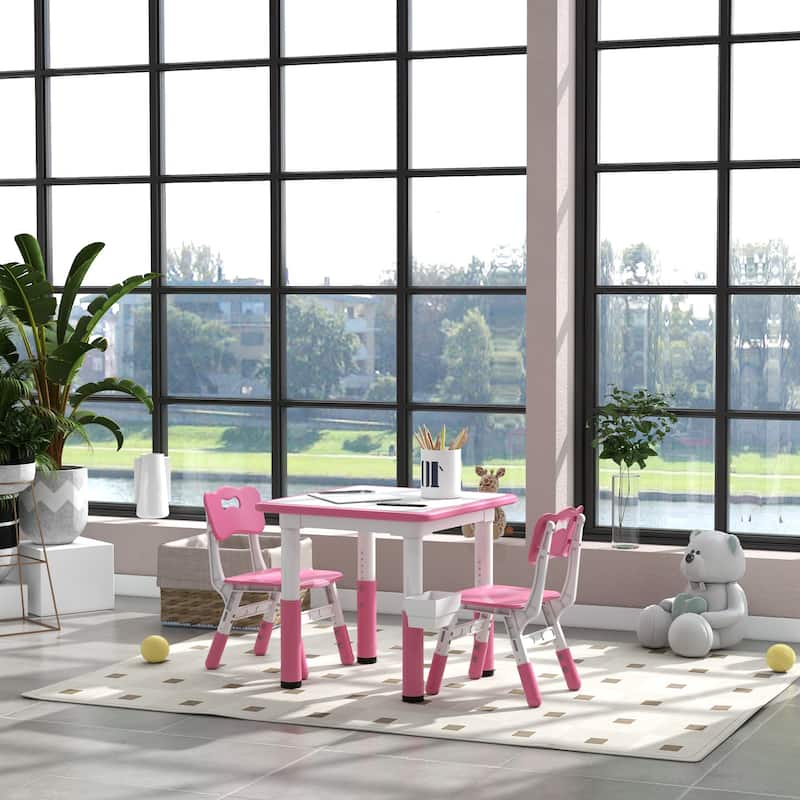 3 Piece Kids Table and Chairs, Height Adjustable Toddler Table and Chair Set with Storage, Easy to Wipe Activity Table