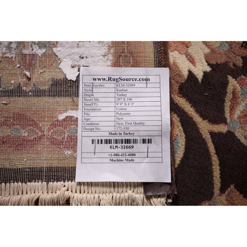 All-Over Brown Floral Kashan Turkish Area Rug Machine Made Carpet - 6'5" x 9'9"
