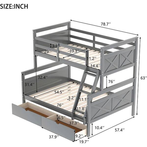 Twin Over Full Bunk Bed with 2 Storage Drawers & Ladder, Wood Bunkbed Frame Can Be Divided into 2 Beds for Kids Teens Bedroom