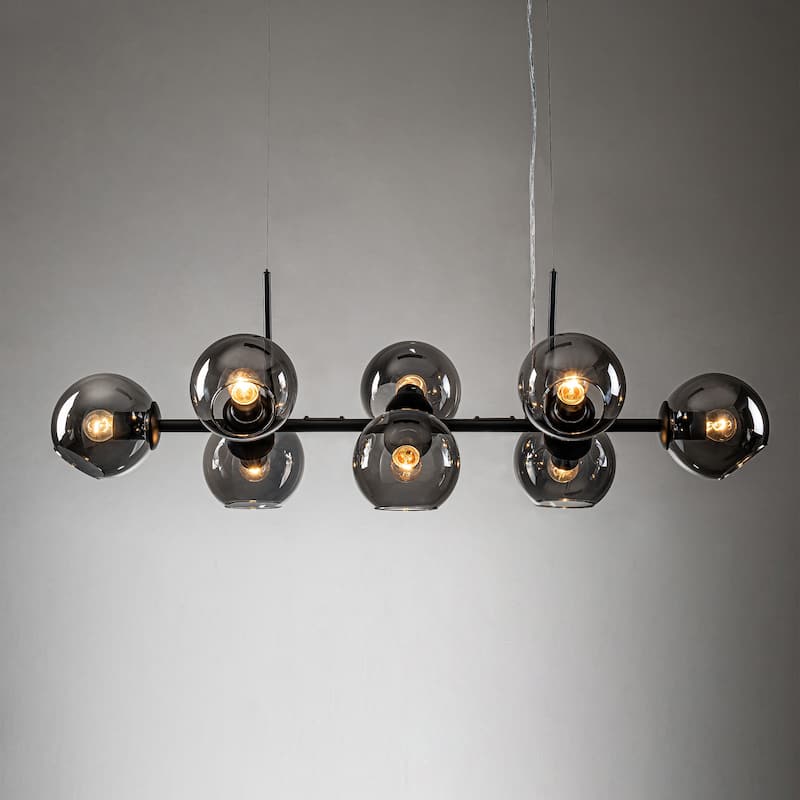 8-Light Modern Linear Sputnik Pendant Island Light Black Smoked Glass Globe Bubble Chandelier for Dining Room