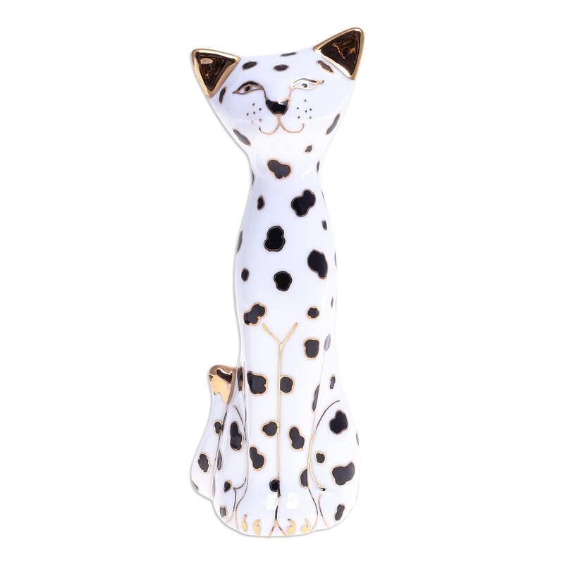 Novica Handmade Dalmatian Cat Porcelain Statuette