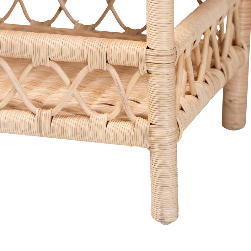 Eloisa Natural Rattan End Table - Handwoven Wicker 2-Tier Side Table with Scalloped Border for Living Room or Bedroom