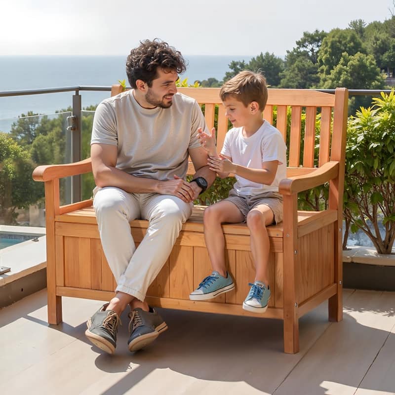 2-in-1 Wooden Patio Storage Bench with Pneumatic Rod and Deck Box Seat for Garden Pool Backyard - 42.9” × 23.03” × 35.5”