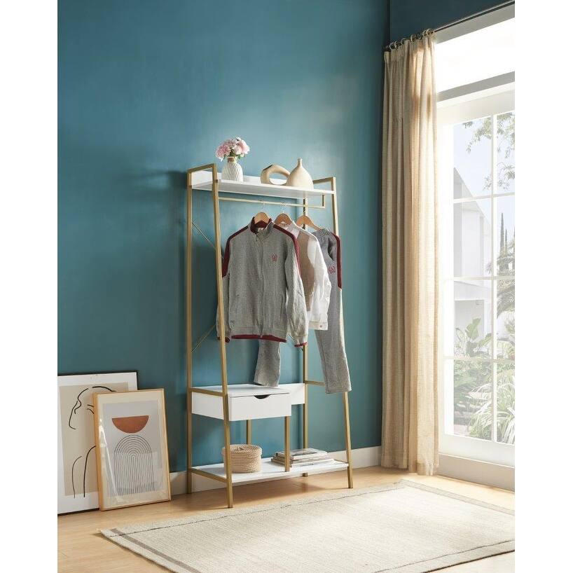 Metal Clothes Rack with Hanging Rod and Top Open Shelf