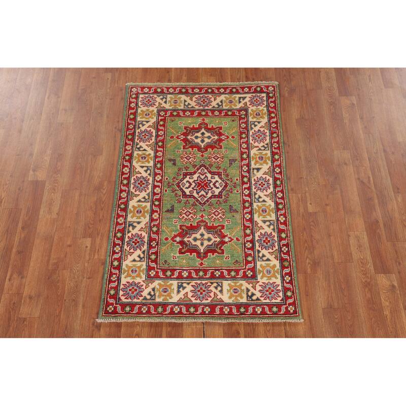 Light Green Kazak Oriental Accent Rug Handmade Wool Carpet - 2'9" x 4'1"