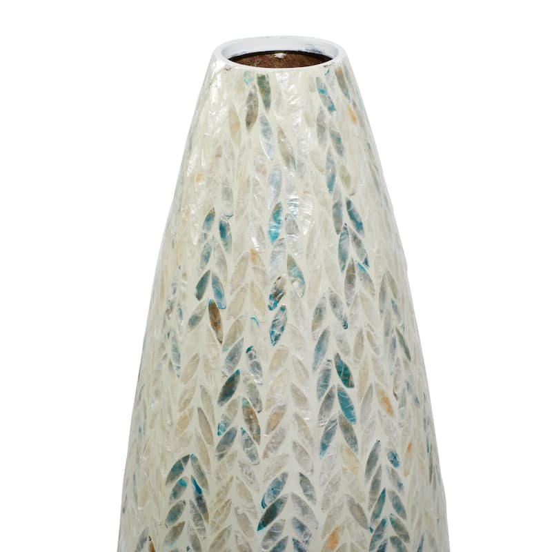 Mother of Pearl Shell Handmade Tall Mosaic Vase with Blue Accents - White - Roche River Decor - 10"W x 10"L x 33"H