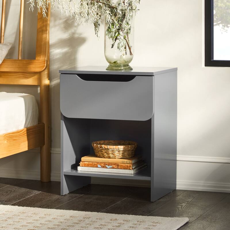 Modern Minimalist Dark Grey Nightstand with Single Drawer and Open Cubby