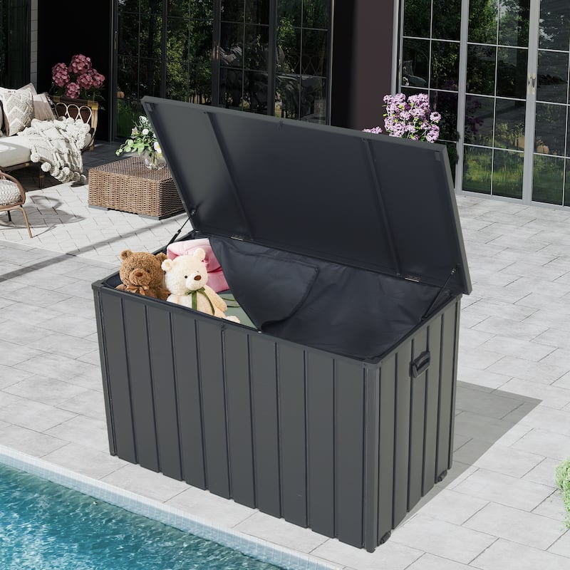 Outdoor Storage Box, 200 Gallon Metal Deck Box Built-in a Oxford Fabric Storage Bag, Lockable & Waterproof Patio Storage Box
