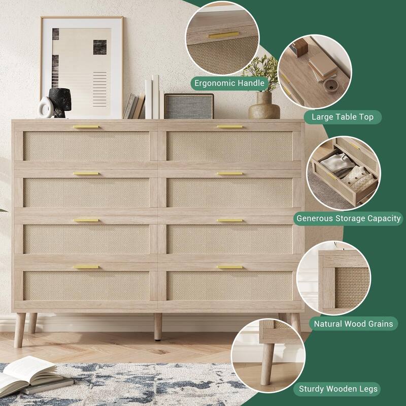 6/8 Drawer Dresser for Bedroom, Natural Rattan Dresser with Metal Handles, Farmhouse Chest of Drawer