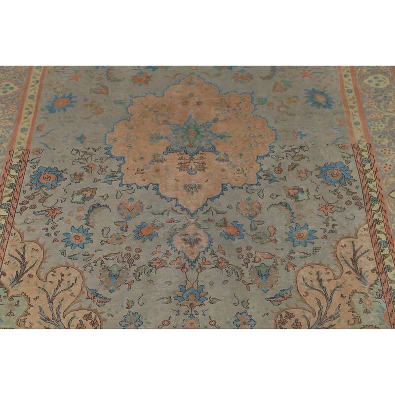 Floral Green Tabriz Persian Vintage Area Rug Hand-Knotted Wool Carpet - 9'7"x 12'11"