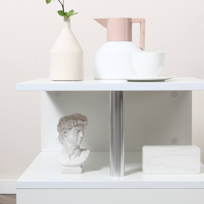 20" Modern End Table, Accent Side Table, S-Shaped Coffee Table with Storage Shelf and Steel Poles, White - White