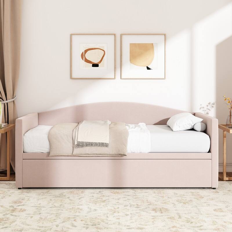 Twin Size Velvet Upholstered Daybed with Extended Pop Up Trundle Bed Convertible King Sofa Bed Frame, Space-Saving Twin to King