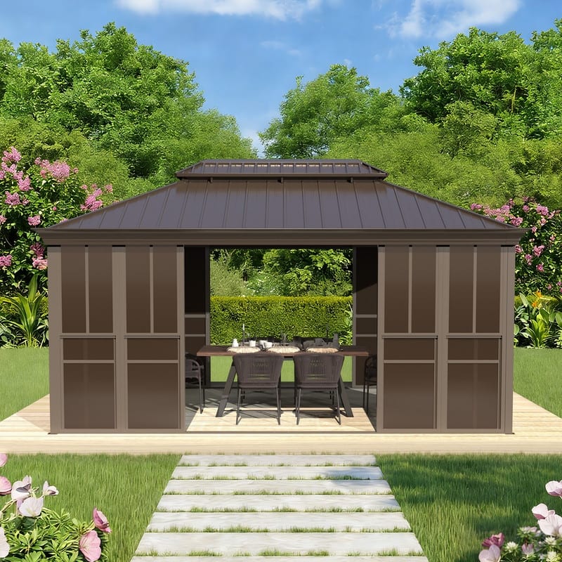 Hardtop Sunroom with Double Steel Roof, Sliding/Lockable Doors & Screens - All-Season Rustproof Aluminum Frame,Advanced Drainage